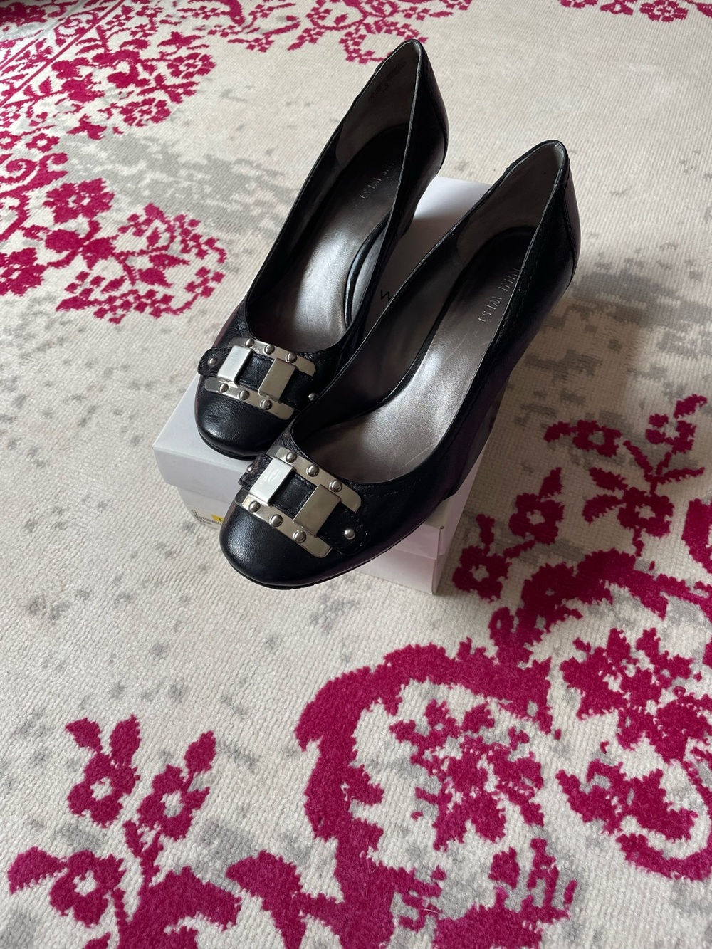 Black Women's leather wedges with Silver Hardware